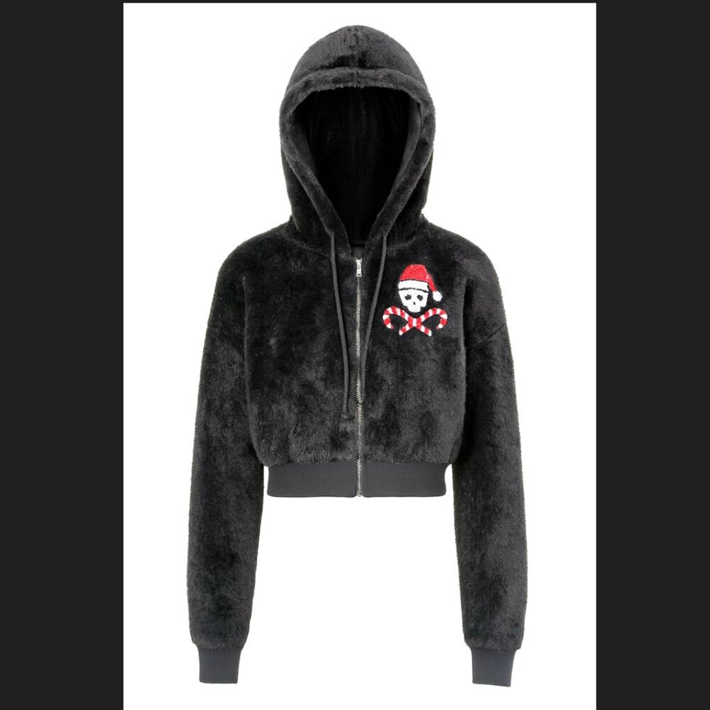 No Boundaries Women's Christmas Faux Fur Hoodie Small Black Sequined